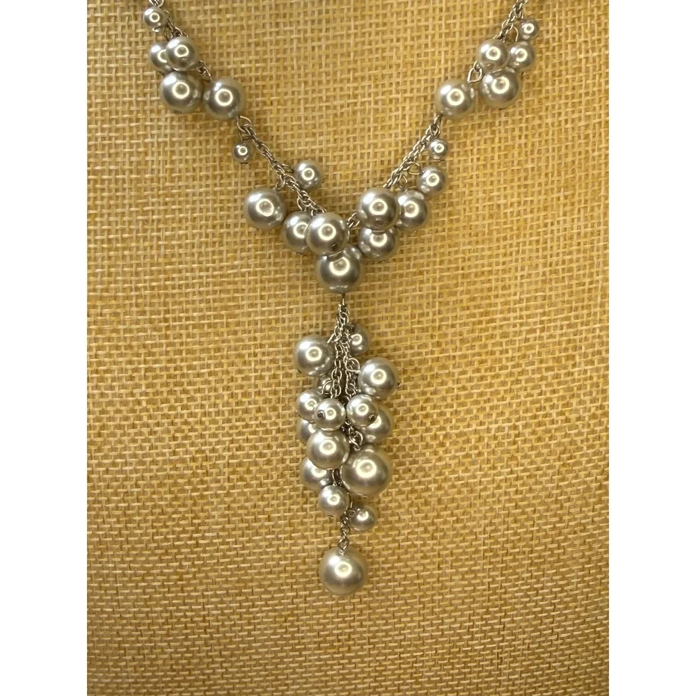 Pearlcore Mob Wife Glam Statement Y Lariat Cluster Faux Pearl Necklace Silver